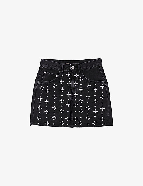 MAJE: Jicroix rhinestone-embellished denim mini skirt