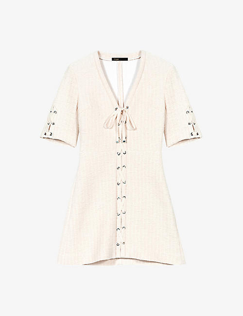 MAJE: Rilena lace-up tweed-effect cotton mini dress