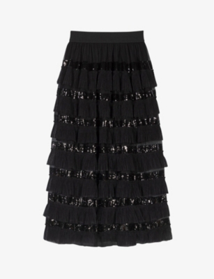 Shop Maje Womens Noir / Gris Josephy Sequin-trimmed Woven Midi Skirt