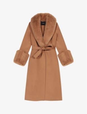 Maje Wool Blend Belted Coat With Faux Fur Trim In Bruns