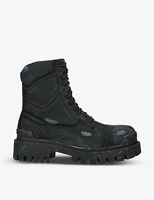 BALENCIAGA: Strike distressed leather platform ankle boots