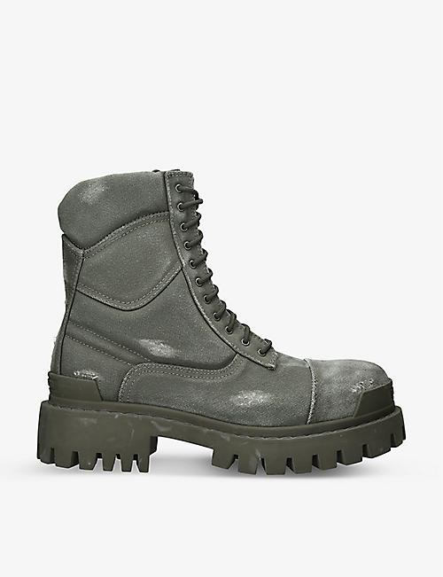 BALENCIAGA: Combat Strike faded-wash canvas ankle boots