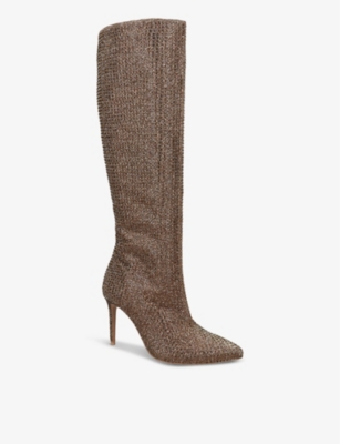 Story crystal-embellished heeled woven knee-high boots