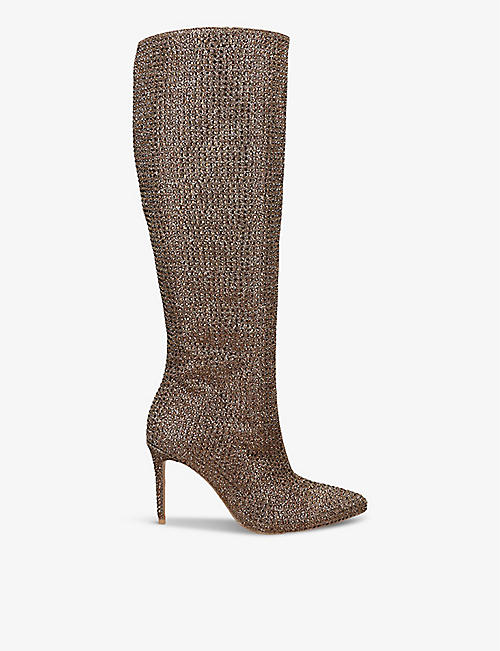 KG KURT GEIGER: Story crystal-embellished heeled woven knee-high boots