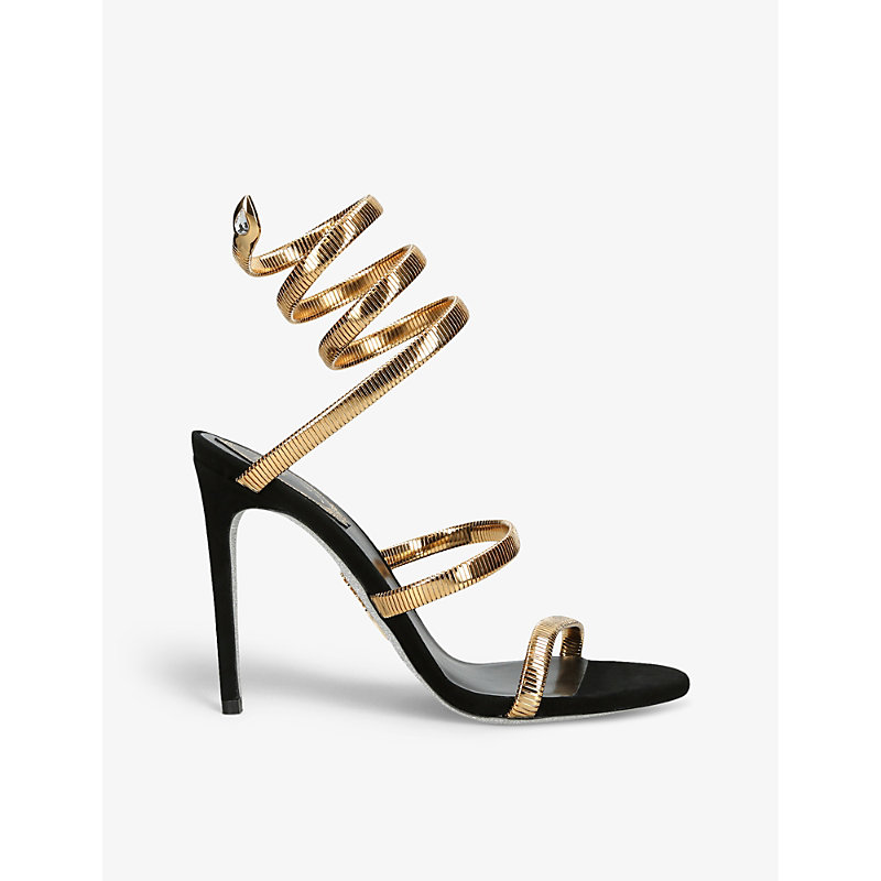 Shop René Caovilla Juniper 105 Coiled-strap Suede Heeled Sandals In Gold Comb
