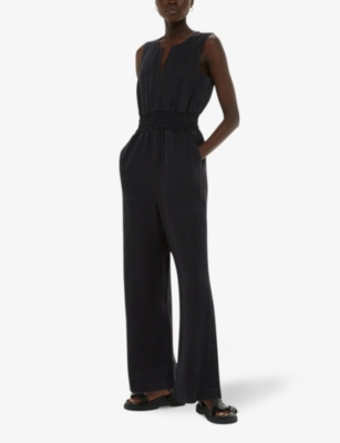 Whistles Danny Shirred-waist Sleeveless Linen Jumpsuit In Black