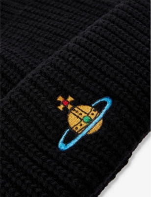 Shop Vivienne Westwood Men's Black Sporty Brand-embroidered Wool Beanie
