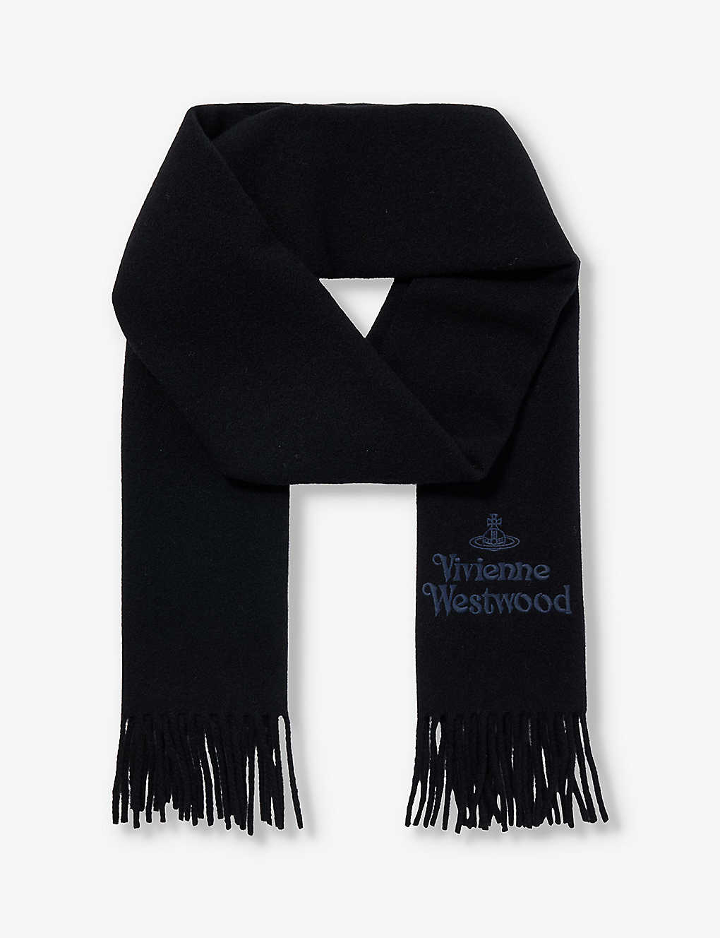 Vivienne Westwood Mens Black Brand-embroidered Fringed-trim Wool Scarf