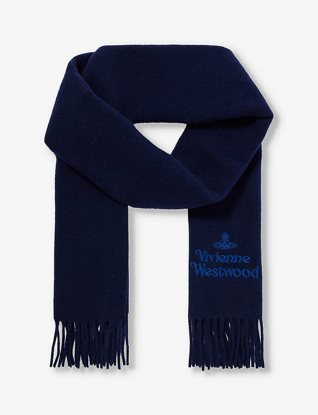 Vivienne Westwood Mens Navy Blue Brand-embroidered Fringed-trim Wool Scarf