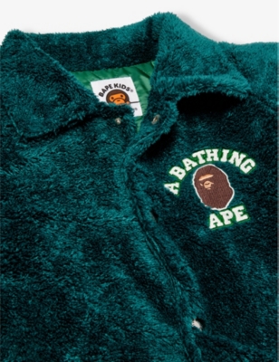 Shop A Bathing Ape College Logo-embroidered Faux-shearling Jacket 10-16 Years In Green