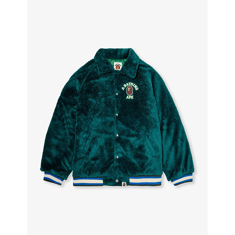 A Bathing Ape Boys Green Kids College Logo-embroidered Faux-shearling Jacket