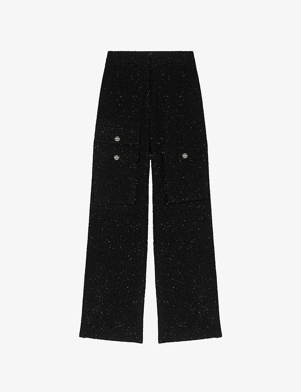 Maje Womens Black Cargo-pocket Straight-leg High-rise Metallic-tweed Trousers In Noir / Gris