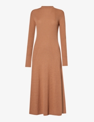 Moncler Brand-appliqué High-neck Wool-blend Knitted Maxi Dress In Brown