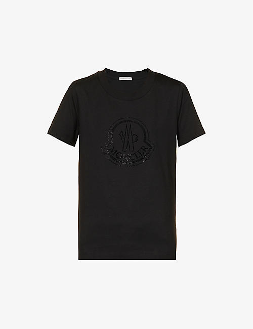 MONCLER: Branded rhinestone-embellished cotton-jersey T-shirt