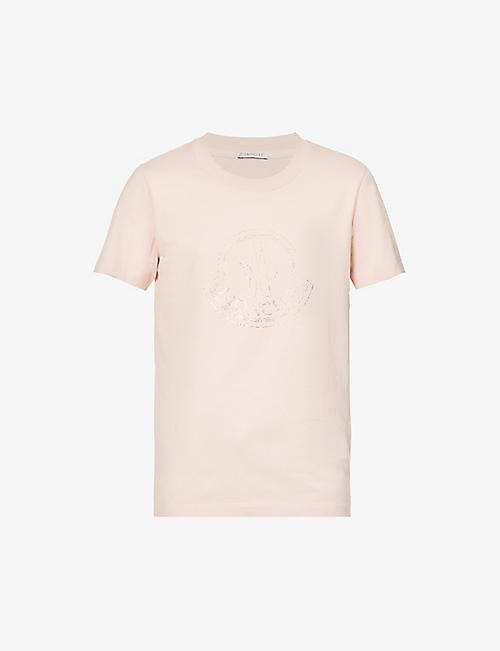 MONCLER: Branded rhinestone-embellished cotton-jersey T-shirt