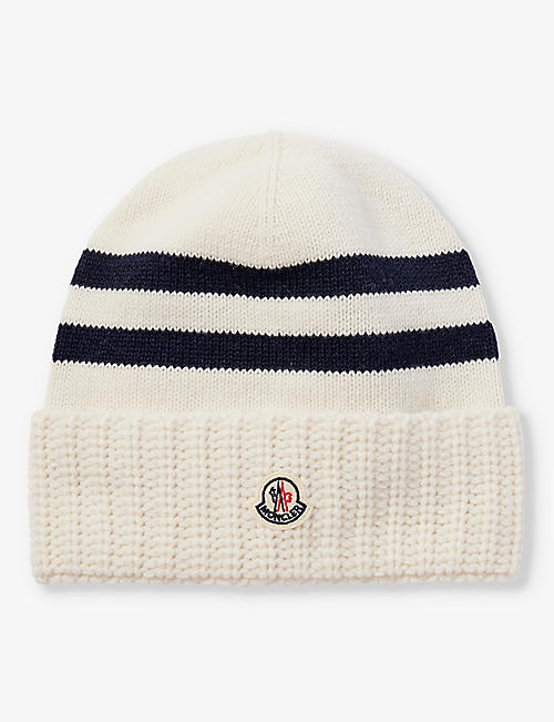 MONCLER: Brand-patch striped-print wool and cashmere-blend beanie hat
