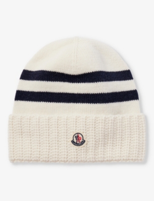 MONCLER MONCLER WOMENS WHITE AND NAVY BRAND-PATCH STRIPED-PRINT WOOL AND CASHMERE-BLEND BEANIE HAT