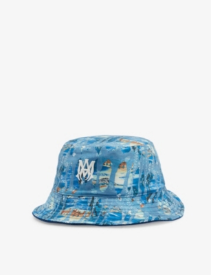 AMIRI AMIRI MEN'S TEAL ALOHA BRAND-EMBROIDERED ABSTRACT-PATTERN SILK BUCKET HAT,68966493