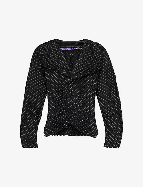 ISSEY MIYAKE: Curved pleated pinstriped wool-blend jacket