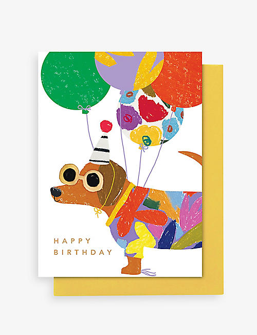 STOP THE CLOCK: Dachshund in sunnies happy birthday card 12.5cm x 17.5cm