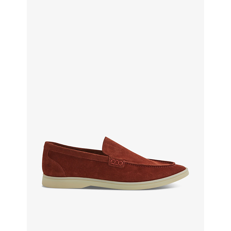 Reiss Mens Rust Kason Contrast-stitch Suede Loafers