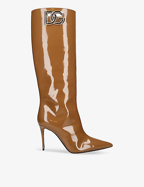 DOLCE & GABBANA: Brand-plaque pointed-toe patent-leather heeled knee-high boots