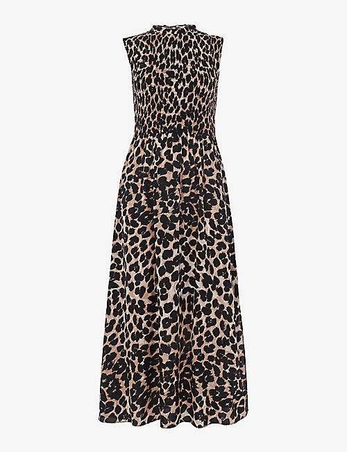 WHISTLES: Heidi shirred-bodice leopard-print woven midi dress