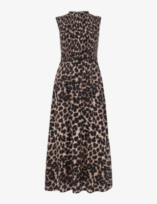 Whistles Womens Multi-coloured Heidi Shirred-bodice Leopard-print Woven Midi Dress