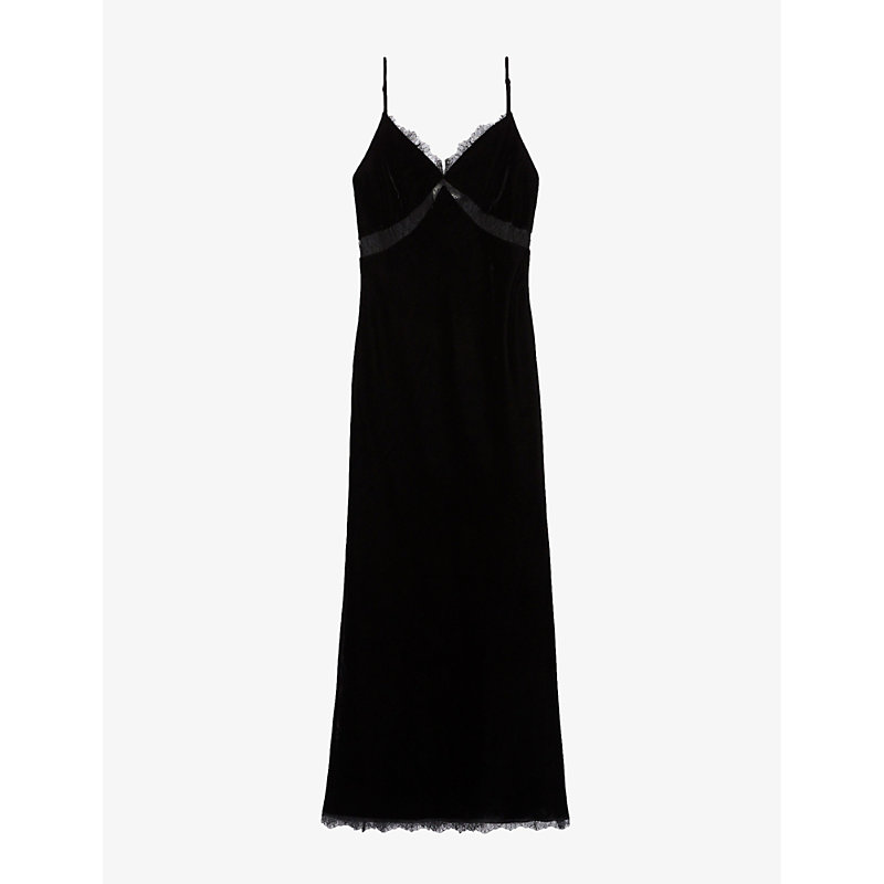 Claudie Pierlot Womens Noir / Gris Lace-trim Regular-fit Woven Midi Dress