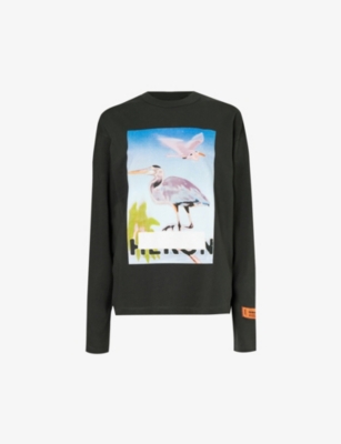 HERON PRESTON HERON PRESTON WOMEN'S BLACK PURPLE CENSORED GRAPHIC-PRINT LONG-SLEEVED COTTON T-SHIRT