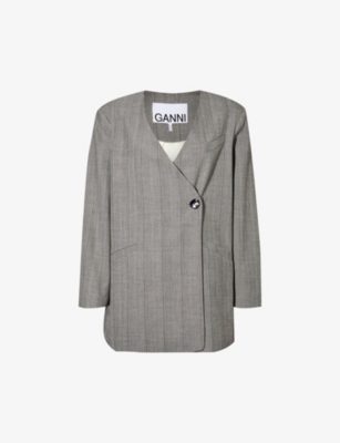 Ganni Long Sleeve Grey Herringbone Suiting Blazer In Frost Grey