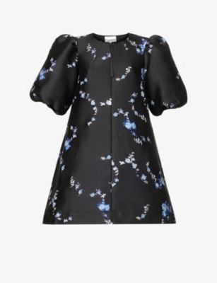 GANNI Floral print puff sleeved recycled polyester blend mini dress Selfridges