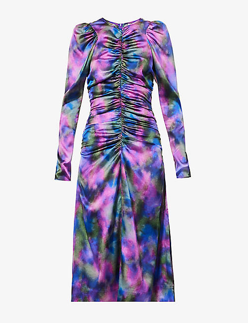 GANNI: Abstract-pattern long-sleeved stretch-silk midi dress
