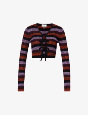 Ganni Striped Rib Knit Wool Crop Cardigan In Multicolour