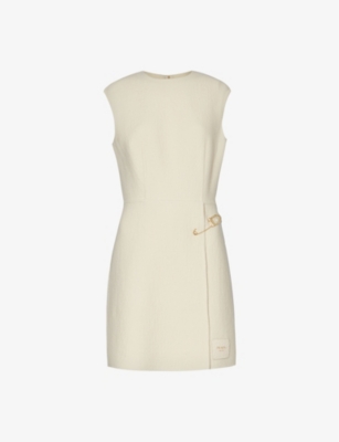 Prada Womens Avorio Safety-pin Logo-patch Wool-blend Shift Dress In Avorio