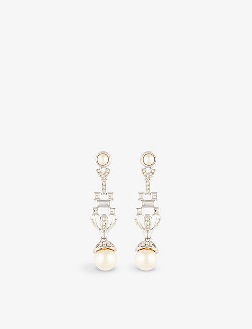 SUSAN CAPLAN: Pre-loved Dior Art Deco rhodium-plated, faux-pearl and Swarovski crystal pendant earrings