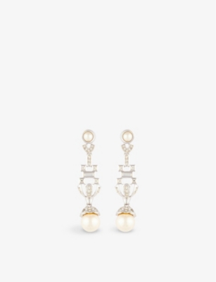 Susan Caplan Pre-loved Dior Art Deco Rhodium-plated, Faux-pearl And Swarovski Crystal Pendant Earrings In Gold