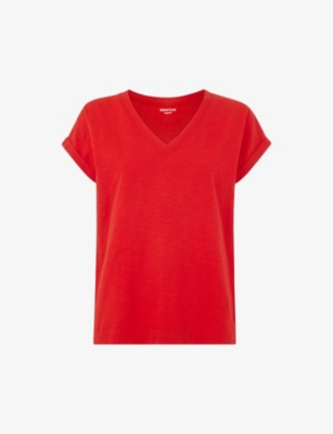 Whistles Womens Red Willa V-neck Cap-sleeve Organic-cotton T-shirt