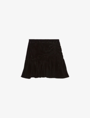 Claudie Pierlot Women's Noir / Gris Sister Ruffle-trim Velour Mini Skirt