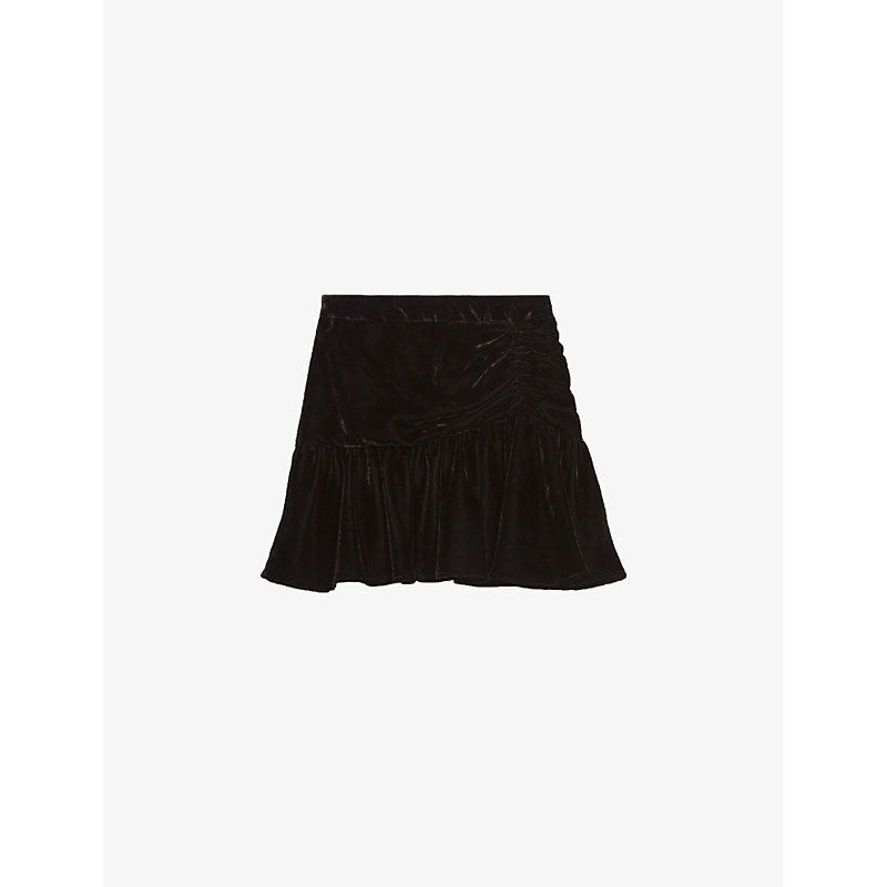 Claudie Pierlot Womens Noir / Gris Sister Ruffle-trim Velour Mini Skirt