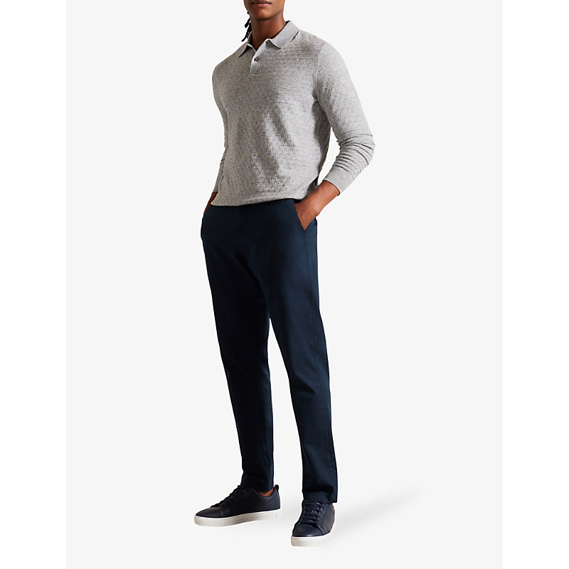 Shop Ted Baker Mens Grey-marl Morar Long-sleeve Regular-fit Stretch-knit Polo