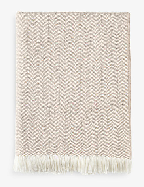 JOHNSTONS: Herringbone-pattern fringed-edges merino-wool throw 190cm x 140cm