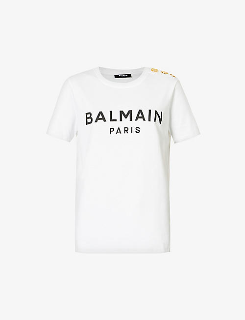 BALMAIN: Brand-print gold-tone-hardware cotton-jersey T-shirt