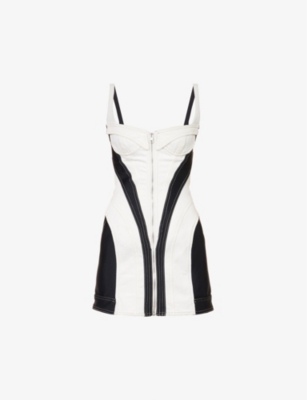 Mugler Spiral Plunge Neck Jersey & Denim Minidress In Ivory Black