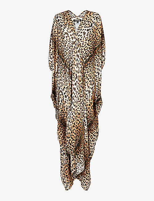 ROBERTO CAVALLI: Leopard-print V-neck satin maxi dress