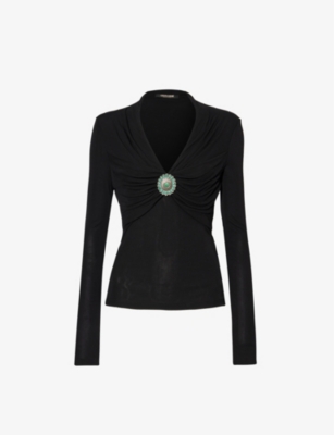 ROBERTO CAVALLI: Brooch-embellished V-neck woven top