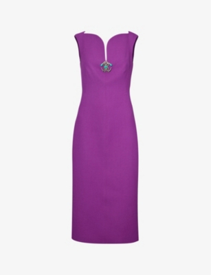 ROBERTO CAVALLI ROBERTO CAVALLI WOMEN'S PURPLE BROOCH-EMBELLISHED V-NECK WOOL MIDI DRESS