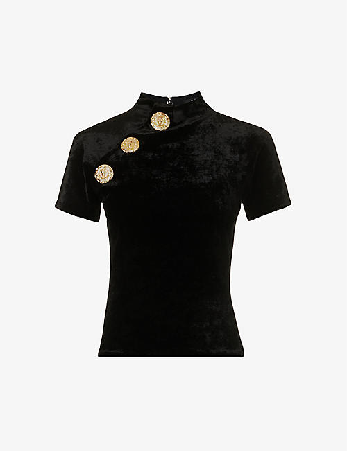 BALMAIN: Button-embellished metallic stretch-woven T-shirt