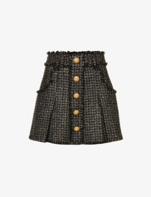 Balmain Flared-Hem Frayed-Trim Woven Mini Skirt in NOIR OR