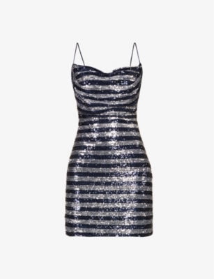 Balmain Short Dress With Striped Sequins In Marine Argent